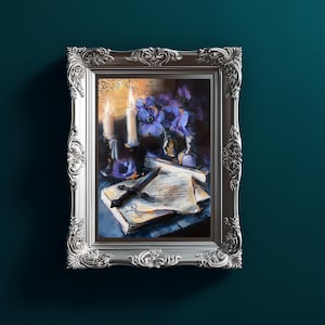 May include: A framed painting with a silver ornate frame. The artwork depicts a still life with candles, flowers, a book, and a dagger. The color palette includes blues, purples, and warm candle light.