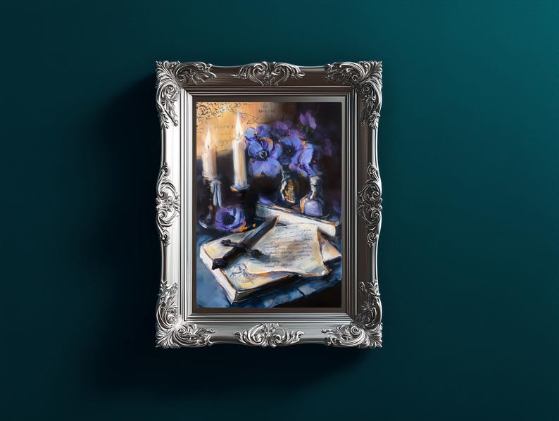 May include: A framed painting with a silver ornate frame. The artwork depicts a still life with candles, flowers, a book, and a dagger. The color palette includes blues, purples, and warm candle light.