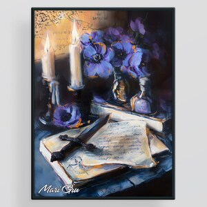 May include: An artistic still life painting featuring a black framed image. The painting depicts lit candles, purple flowers in a vase, and a decorative dagger resting on open books with handwritten text. The artist's signature, "Mari Gru," is visible.