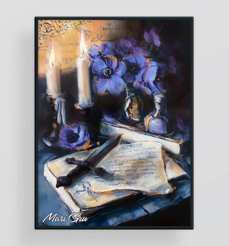 May include: An artistic still life painting featuring a black framed image. The painting depicts lit candles, purple flowers in a vase, and a decorative dagger resting on open books with handwritten text. The artist's signature, "Mari Gru," is visible.