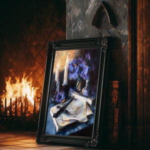 May include: A framed painting with a black ornate frame, depicting a still life with candles, flowers, a dagger, and a book. The painting is set against a fireplace with a burning fire, creating a warm, inviting atmosphere.