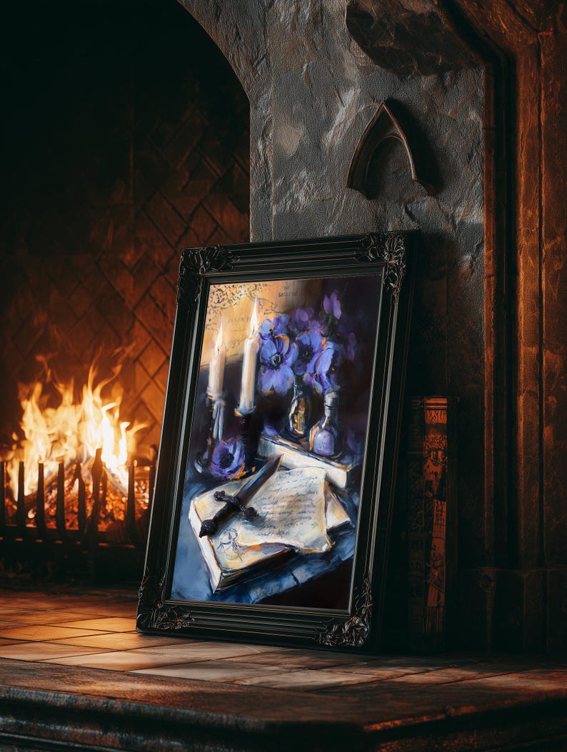 May include: A framed painting with a black ornate frame, depicting a still life with candles, flowers, a dagger, and a book. The painting is set against a fireplace with a burning fire, creating a warm, inviting atmosphere.