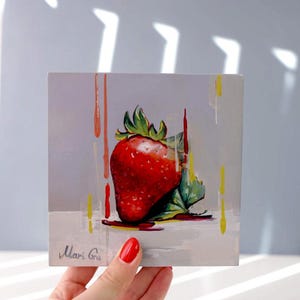 Fraise | Peinture à l'huile originale, oeuvre d'art fruitière | de Mari Gru 6″ x 6″ | Dessiné à la main | Art mural
