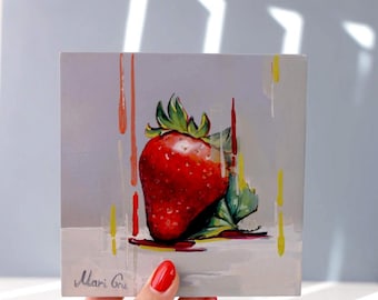 Strawberry Oil Painting: Contemporary Still-Life Fruit Art, 6x6