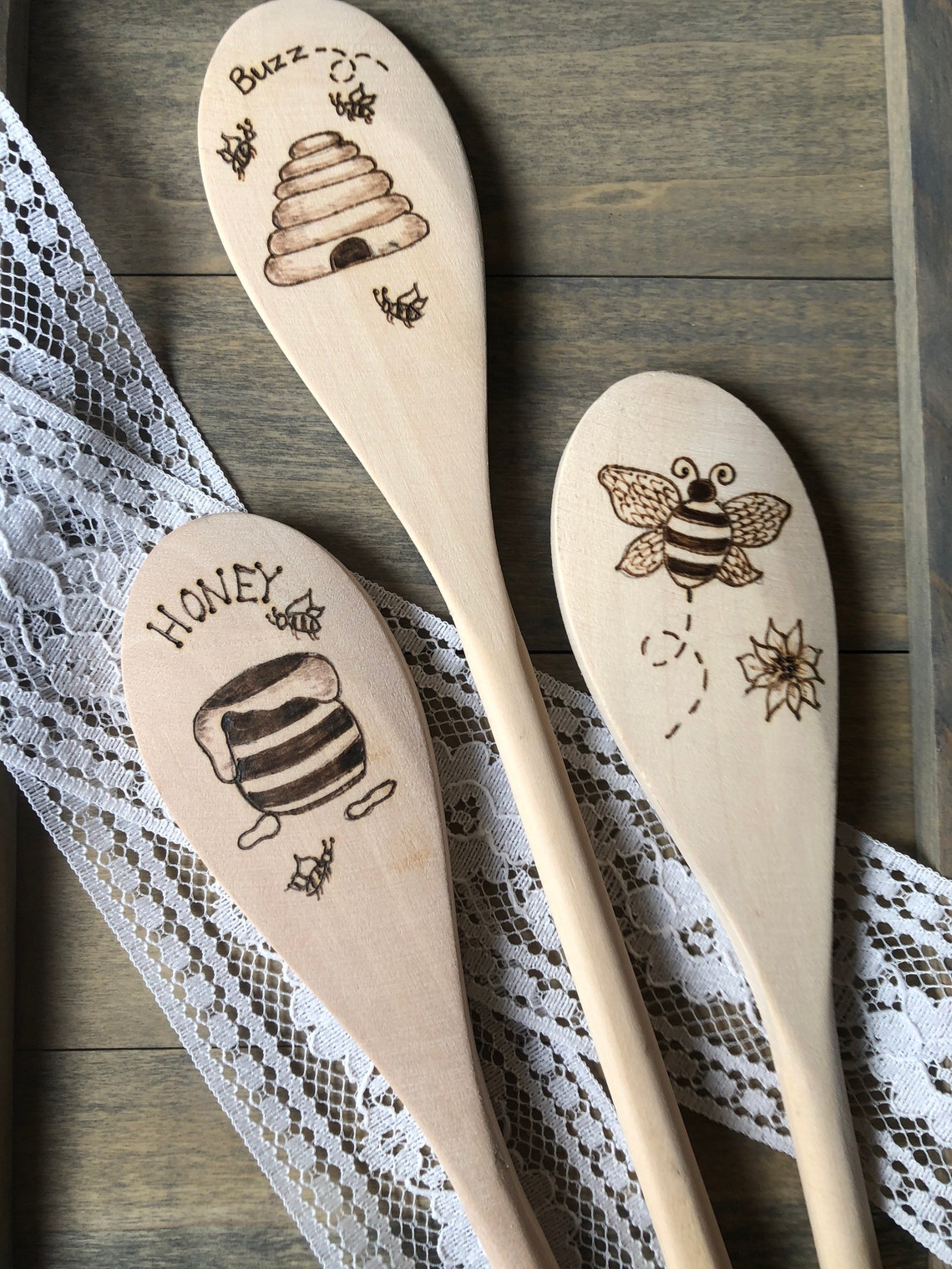 Wooden spoons set Bumble bee Mixing Baking spoons Honey Etsy