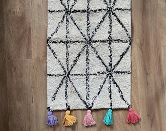 Small Black and white boho rug with muti coloured tassels, bath mat, small 60x90 rug