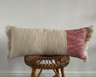 Decorative Cushion cover, woven neutral and pink throw pillow, long cushion