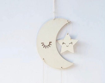 Moon and star light wood hanging wall decor or mobile, minimal nursery decor