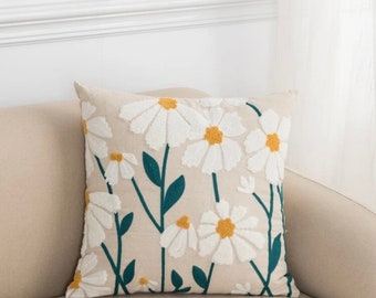 Embroidery daisy floral boho cushion cover, decorative throw cushion