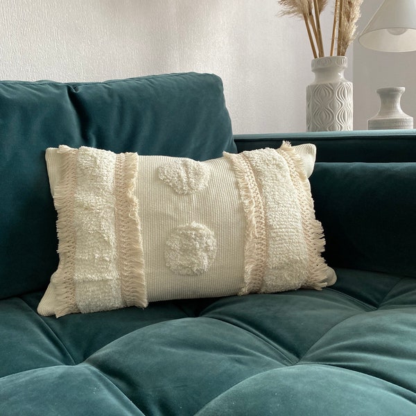 Boho cushion cover, Bohemian cream tassel cushion, throw pillow, boho pillow