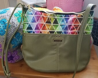 Hobo bag, olive green, bright geometric shapes