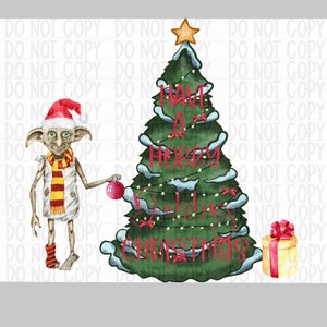 May include: A green Christmas tree with white snow and red lights. The tree has the words "Have a Hoppy Christmas" written on it. A Dobby elf is holding a red ornament and a wrapped gift is on the ground.