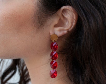 Dangle Drop Earrings •  Chandelier  • Classy Style • Night Out • Sparkly • Elegant Accessories • Crystal • Fashion • Fire Red • Gold