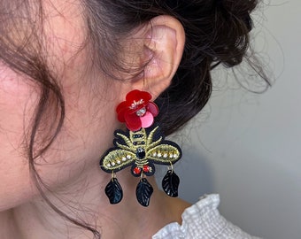 Dangle Drop Earrings • Statement Earrings  • Night Out • Sparkly • Honey • Bee • Honey Bee • Embroidery • Nectar • Rhinestones • Applique