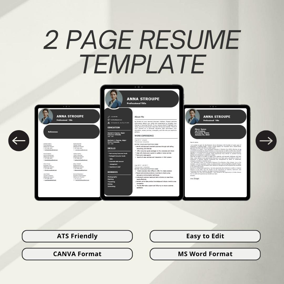 Ats-friendly Resume Template for Canva & Word – 2 Page Professional CV ...