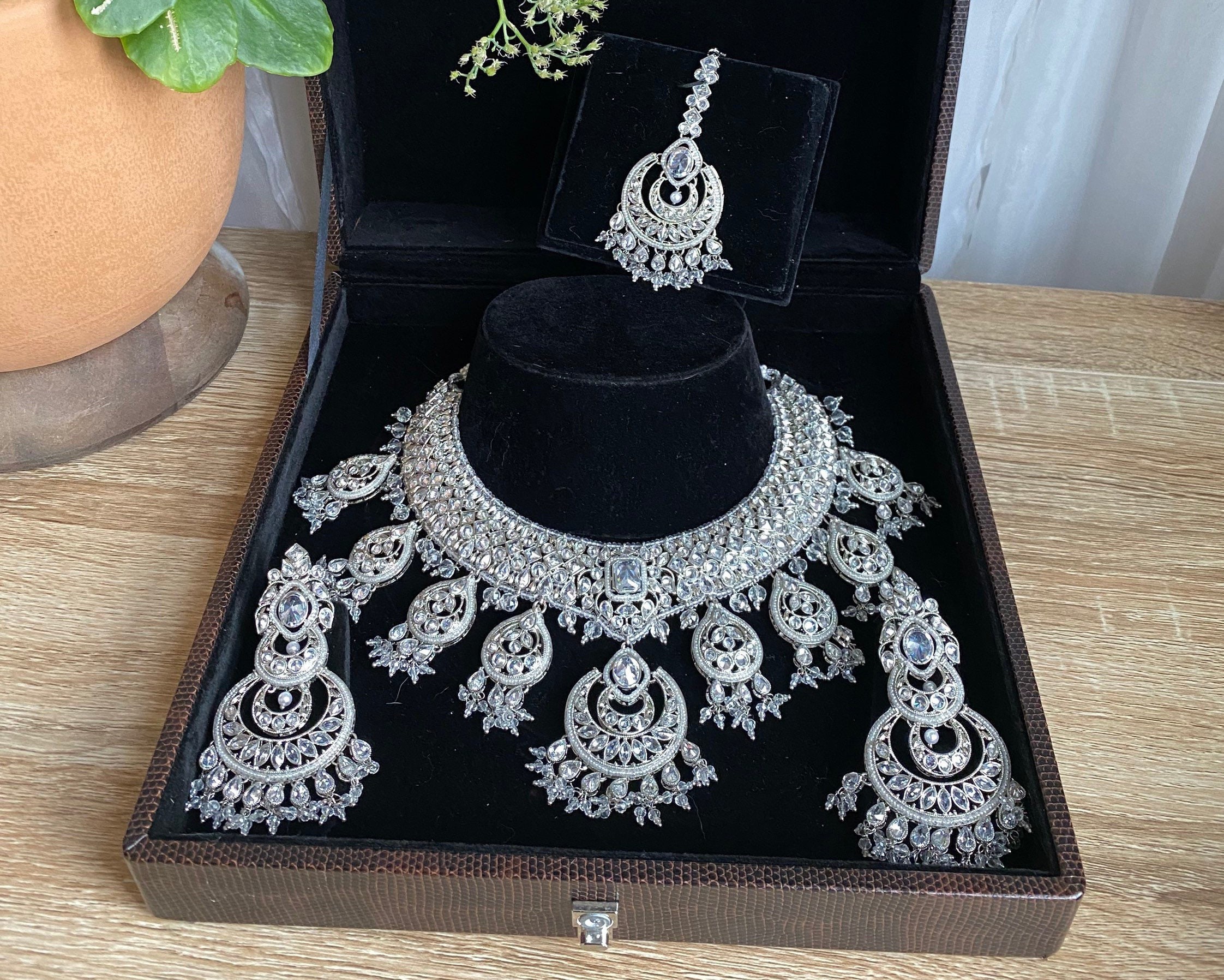 Silver bridal set silver Indian jewelry indian bridal set Pakistani jewelry large silver earrings silver tikka Bollywood