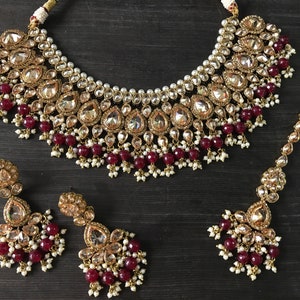 Nilu Bridal necklace set - maroon with polki stone