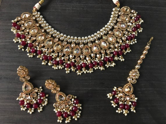 Maroon Polki Bridal Jewelry Set – Indian Wedding Choker, Earrings ...