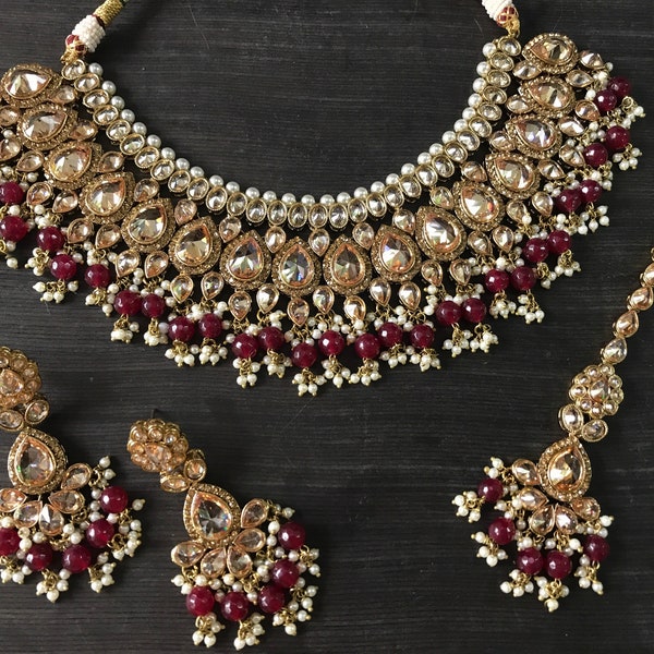Bridal necklace / Indian bridal set / indian bridal jewelry / maroon bridal set / gold bridal jewelry / polki bridal jewelry