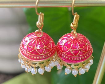 Jaipuri Jhumka, Lightweight Bright Hand Painted Meenakari Earrings. (Pack of One)