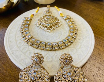 Gold Bridal Bib Necklace Set with Earrings, Maang Tikka | Indian Pakistani Polki Jewelry