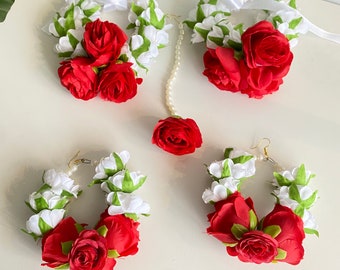 Joyería floral / flor / haldi / mayoon / Mendhi / pendientes / tikka / paquistaní / indio / Desi / juegos de manos / tradicional / rojo / holud