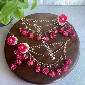 Flower gold jewelry / hot pink floral / Indian set / Pakistani / holud / desi / tikka / earrings / Sahara / haldi / Mayoon / Mendhi / rose