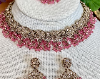 Pink Bridal Necklace Set with Earrings, Maang Tikka | Indian Pakistani Polki Jewelry