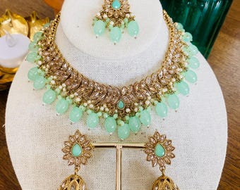 Light Green Bridal Bib Necklace Set with Earrings, Maang Tikka | Indian Pakistani Polki Jewelry