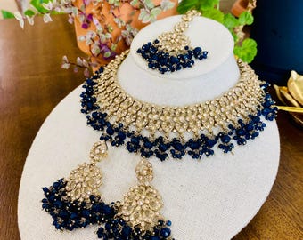 Navy Blue Bridal Necklace Set with Earrings, Maang Tikka | Indian Pakistani Polki Jewelry