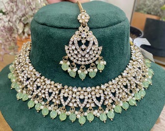 Light Green Bridal Necklace Set with Earrings, Maang Tikka | Indian Pakistani Polki Jewelry