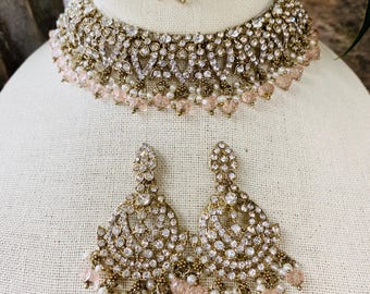Light Pink Bridal Necklace Set with Earrings, Maang Tikka | Indian Pakistani Polki Jewelry