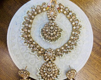 Gold Bridal Bib Necklace Set with Earrings, Maang Tikka | Indian Pakistani Polki Jewelry