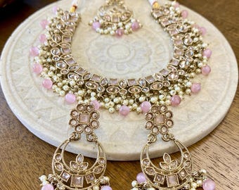 Pink Bridal Necklace Set with Earrings, Maang Tikka | Indian Pakistani Polki Jewelry