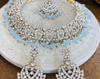 Light Blue Bridal Necklace Set with Earrings, Maang Tikka | Indian Pakistani Polki Jewelry