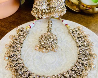 Champagne Bridal Necklace Set with Earrings, Maang Tikka | Indian Pakistani Polki Jewelry