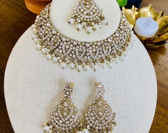 Gold Bridal Bib Necklace Set with Earrings, Maang Tikka | Indian Pakistani Polki Jewelry