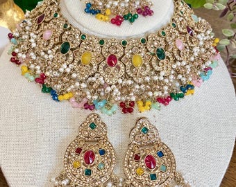 Multi colored Bridal Necklace Set with Earrings, Maang Tikka | Indian Pakistani Polki Jewelry