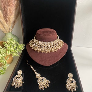 Emily Set - Gold and champagne bridal set with tikka and earrings / polki stone