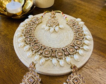 Gold Bridal Bib Necklace Set with Earrings, Maang Tikka | Indian Pakistani Polki Jewelry