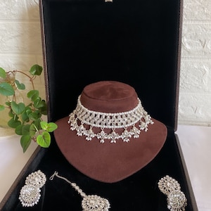 Silver choker set / Indian jewelry / desi jewelry / Pakistani jewelry / silver Indian jewelry / large jhumkas / silver tikka / silver jhumka