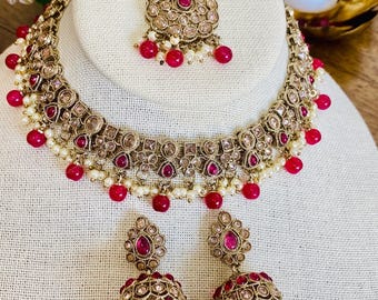 Hot Pink Bridal Necklace Set with Earrings, Maang Tikka | Indian Pakistani Polki Jewelry