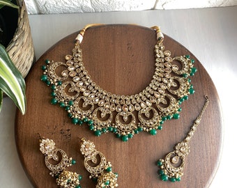 Red & Gold Bridal Jewelry Set – Choker, Earrings, Maang Tikka