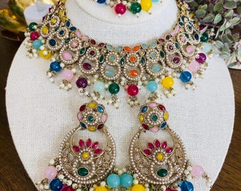 Multi colored Bridal Necklace Set with Earrings, Maang Tikka | Indian Pakistani Polki Jewelry
