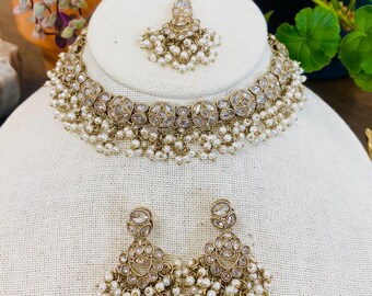 Gold Bridal Necklace Set with Earrings, Maang Tikka | Indian Pakistani Polki Jewelry