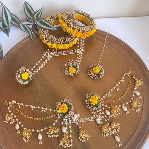 Floral jewelry / flower / haldi / mayoon / Mendhi  / jhumkas / earrings /  tikka / holud / Pakistani / Indian / Desi / hand sets / yellow