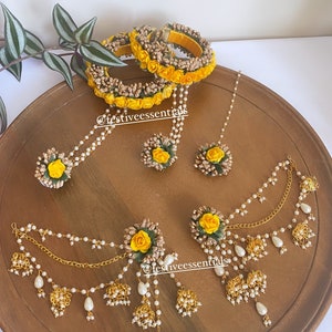 Kiara Floral Set / Haldi Mayoon Mendhi Jewellery. Contains Jhumkas, earrings, tikka, hand sets. Colors: Yellow, Hot Pink, Mix