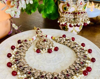 Maroon Bridal Necklace Set with Earrings, Maang Tikka | Indian Pakistani Polki Jewelry
