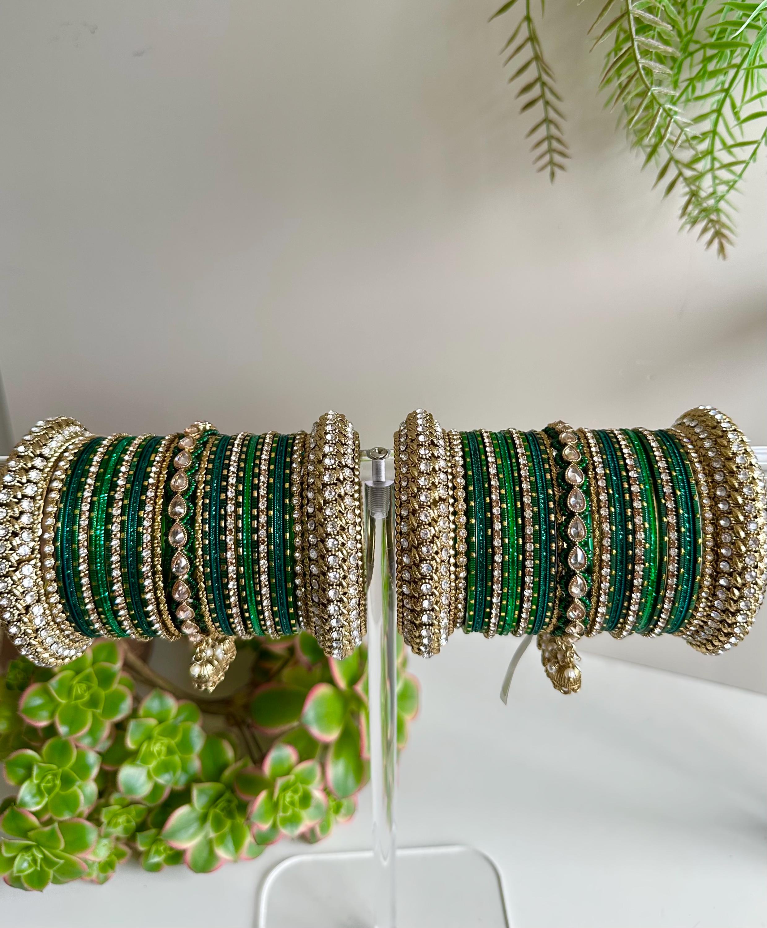 Rangoli Bangle Set – Green & Gold Bridal Bangles With Rhinestones ...