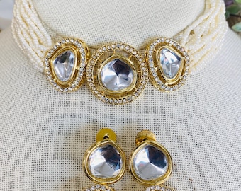 Gold Bridal Kundan Necklace Set with Earrings | Indian Pakistani Polki Jewelry